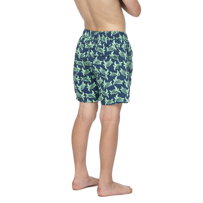 Boys dark blue swim shorts with a green turtle pattern