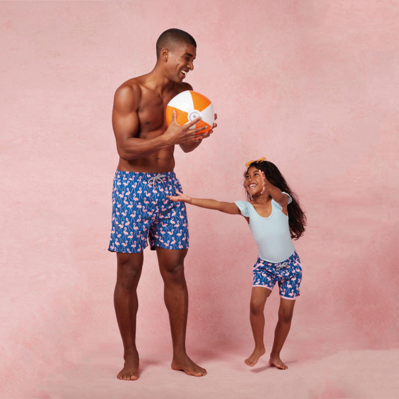 Father & Daughter Matching Swim Shorts Set, Rose Flamingos Set