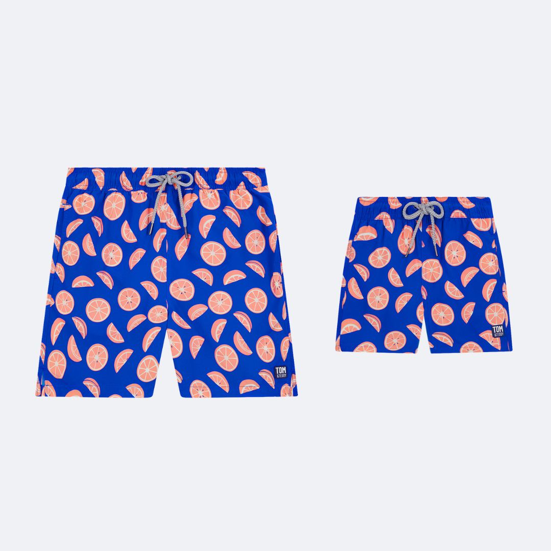 Father & Son Matching Swim Shorts, Blue & Rouge Citrus Set