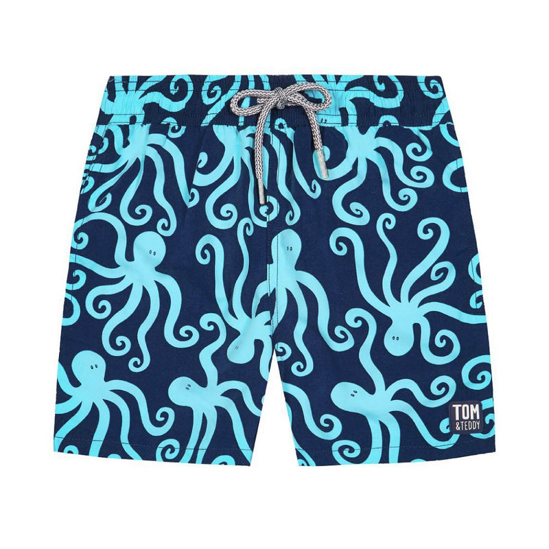 Boys Swim Shorts | Dark Blue & Sky Octopus | Tom & Teddy