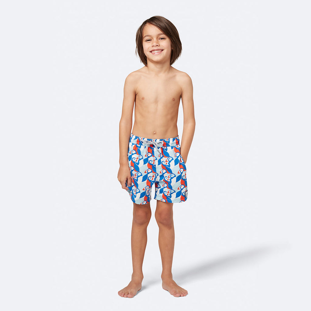 Boys Blue Palm Print Swim Shorts, 1