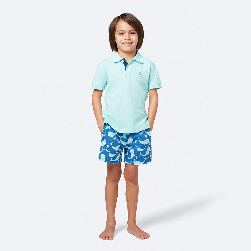 Father and Son Matching Swim Shorts Set | Navy & Aqua Whales | Tom & Teddy