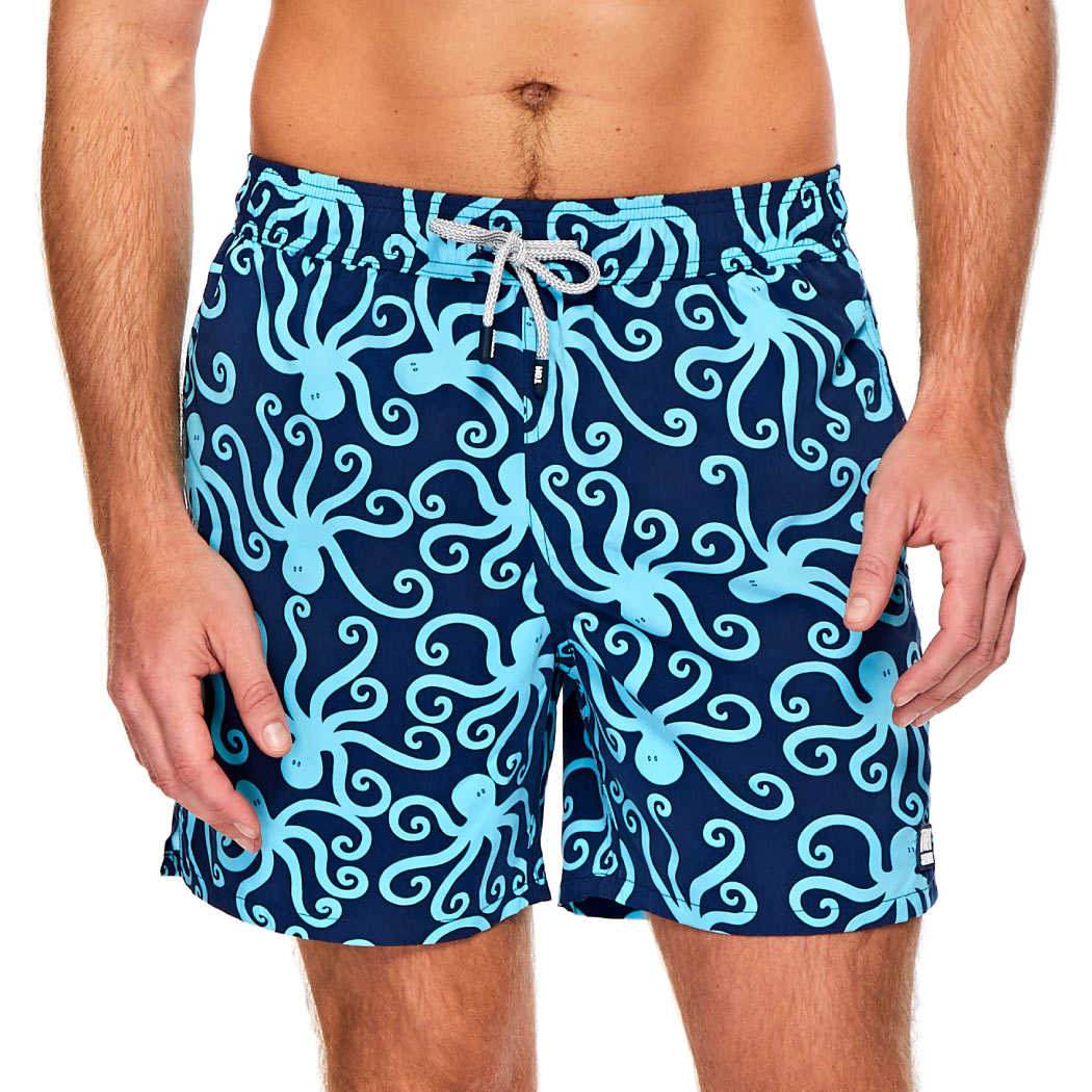 Mens Swim Shorts | Dark Blue & Sky Octopus | Tom & Teddy