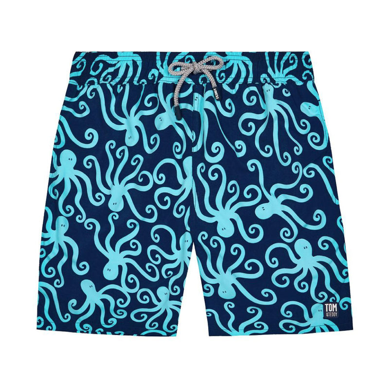 Mens Swim Shorts | Dark Blue & Sky Octopus | Tom & Teddy
