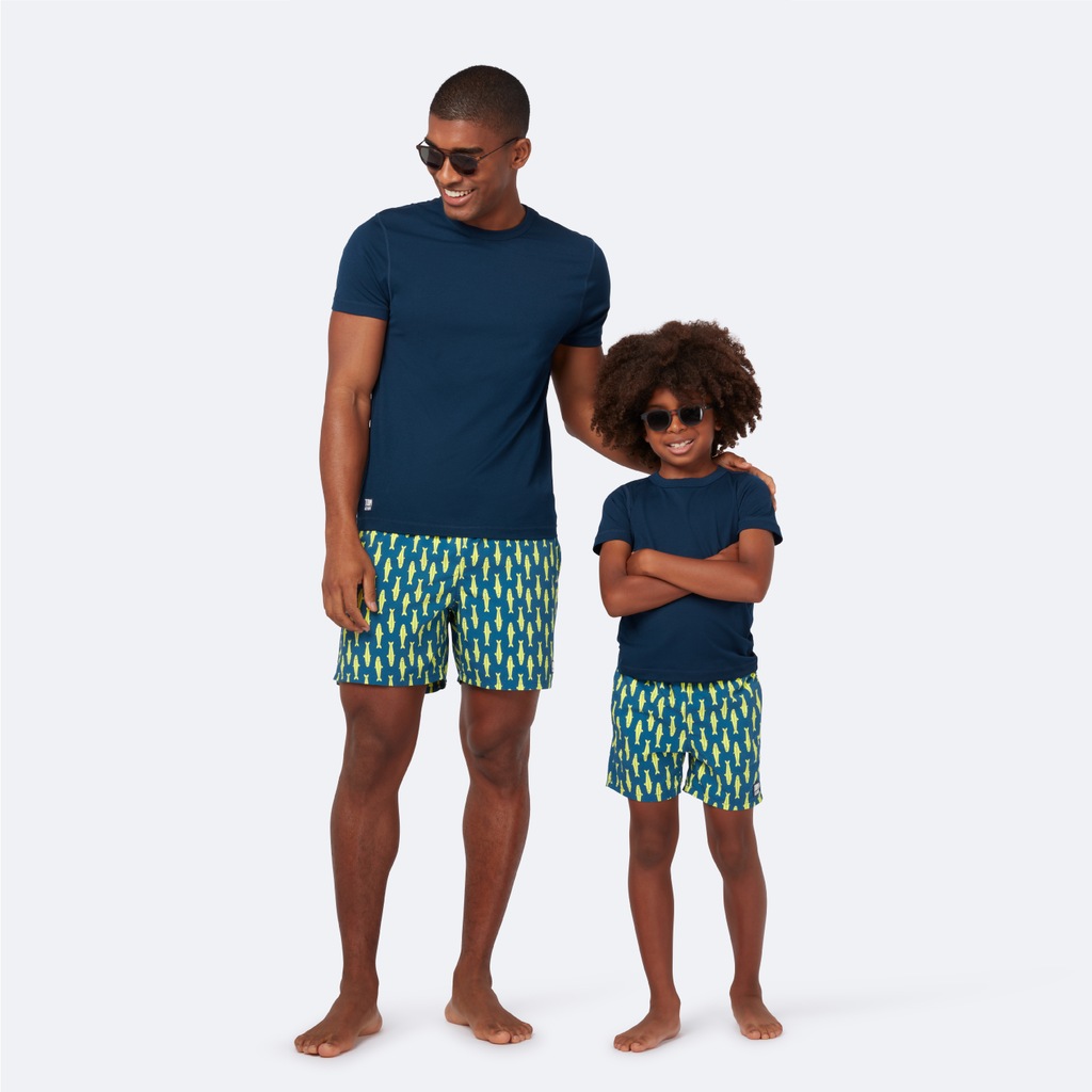 Father Son Matching Swim Shorts Navy Yellow Sardines Tom Teddy