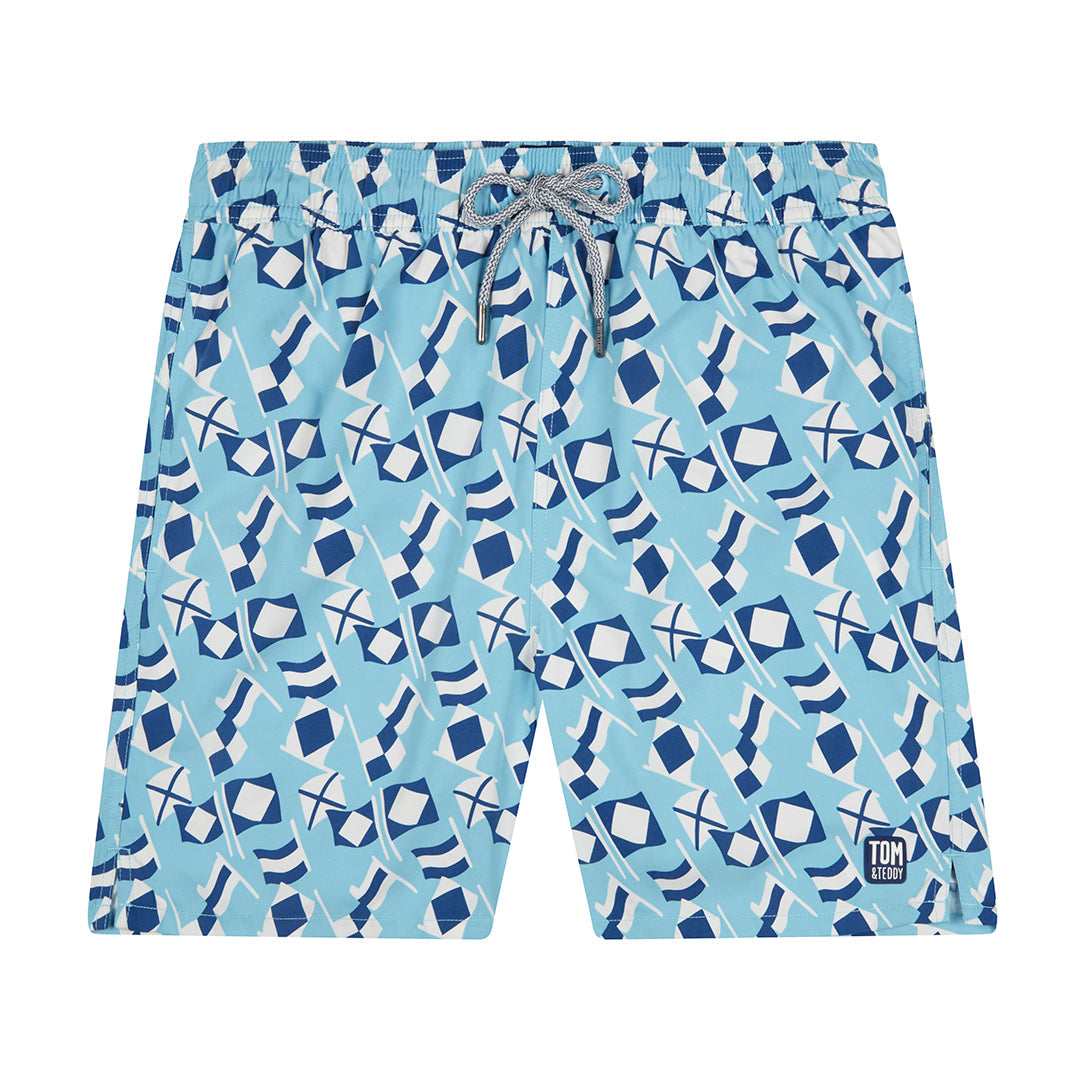 Men's Swim Shorts | Blue & White Flags | Tom & Teddy
