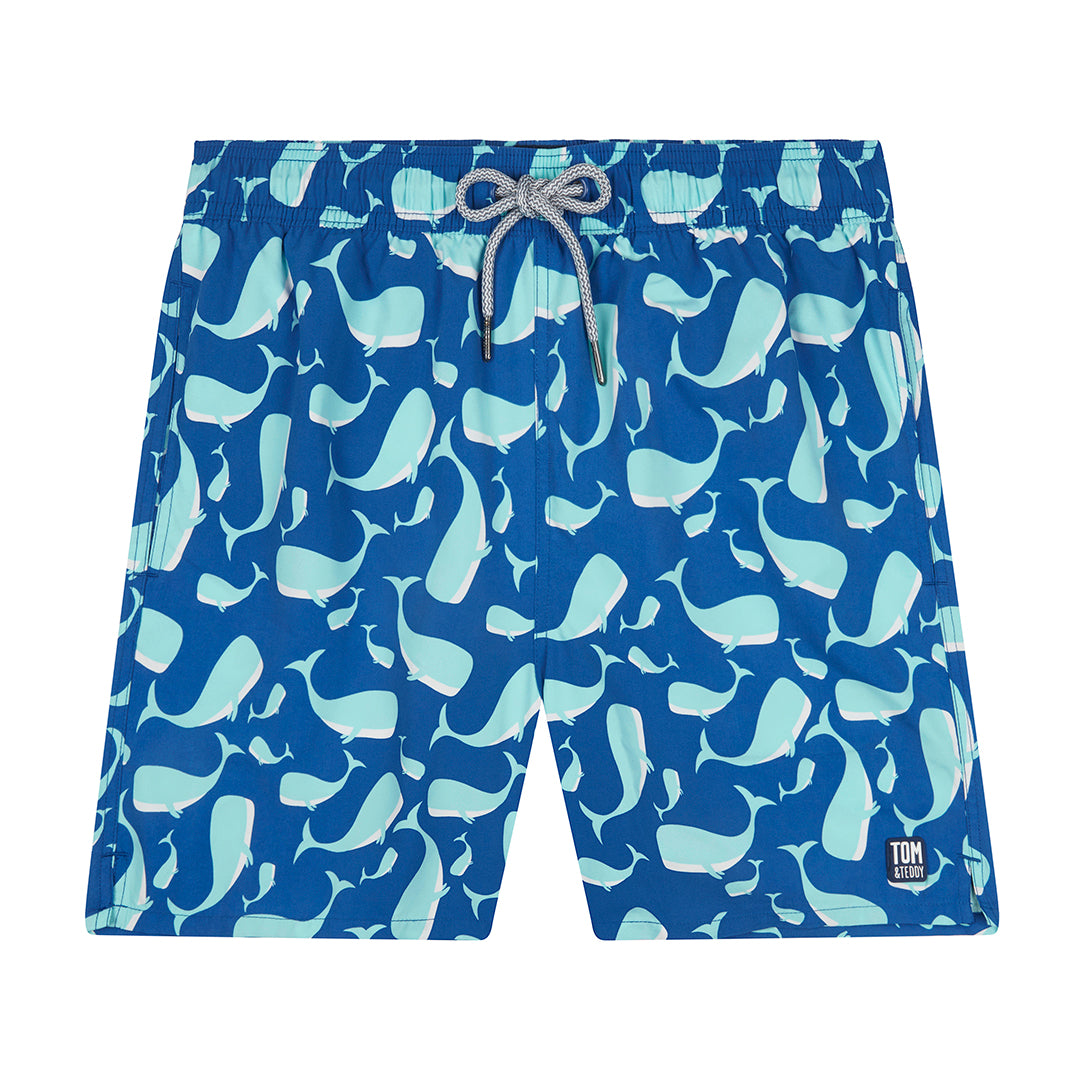 Men's Swim Shorts | Navy & Aqua Whales | Tom & Teddy