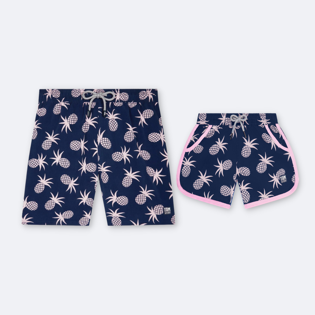 Father & Daughter Matching Swim Shorts, Shell Pink Pineapple Set