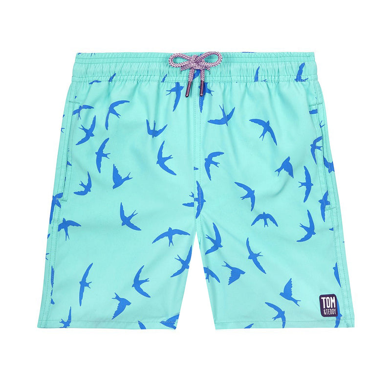 Boys' Swim Shorts | Aqua Green Birds | Tom & Teddy