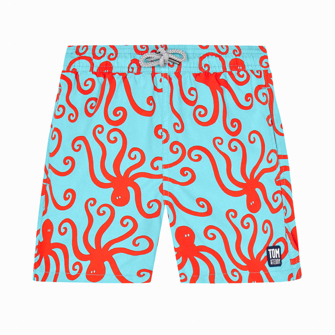 Boys' Swim Shorts | Red & Blue Octopus | Tom & Teddy